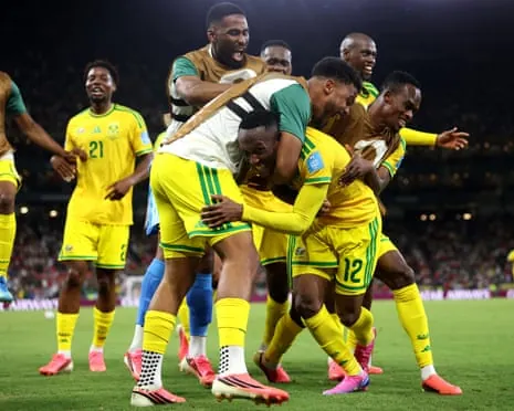 South Africa celebrate after scoring a goal against South Korea at the 2026 World Cup