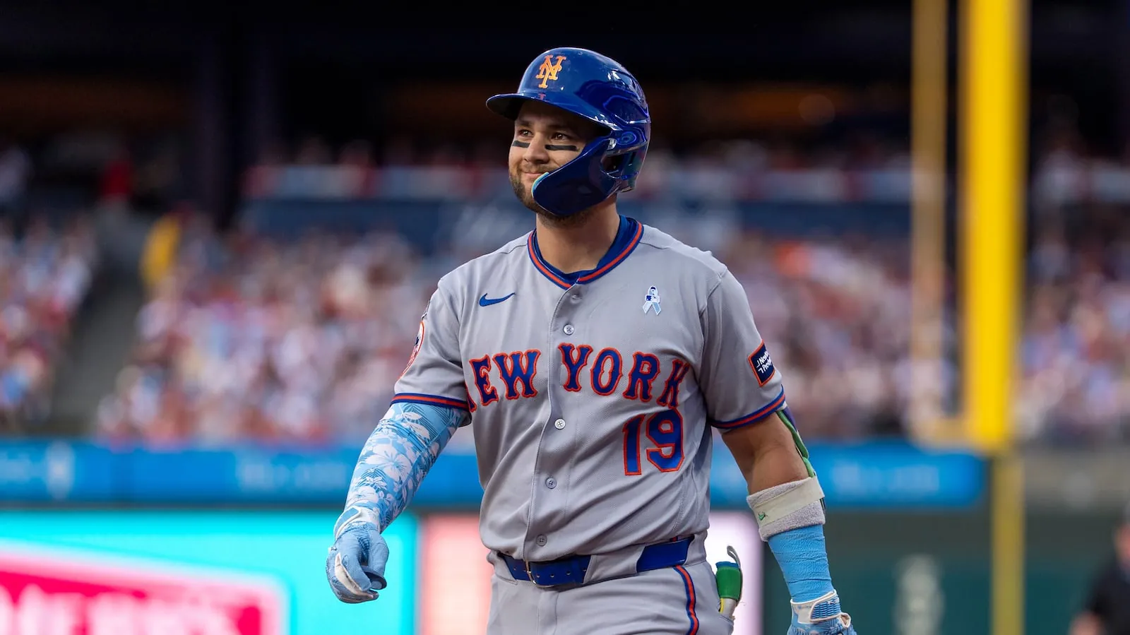 New York Mets' Bo Bichette reacts to striking out during the first inning of a baseball game against the Philadelphia Phillies, Sunday, June 21, 2026, in Philadelphia. (AP Photo/Chris Szagola)