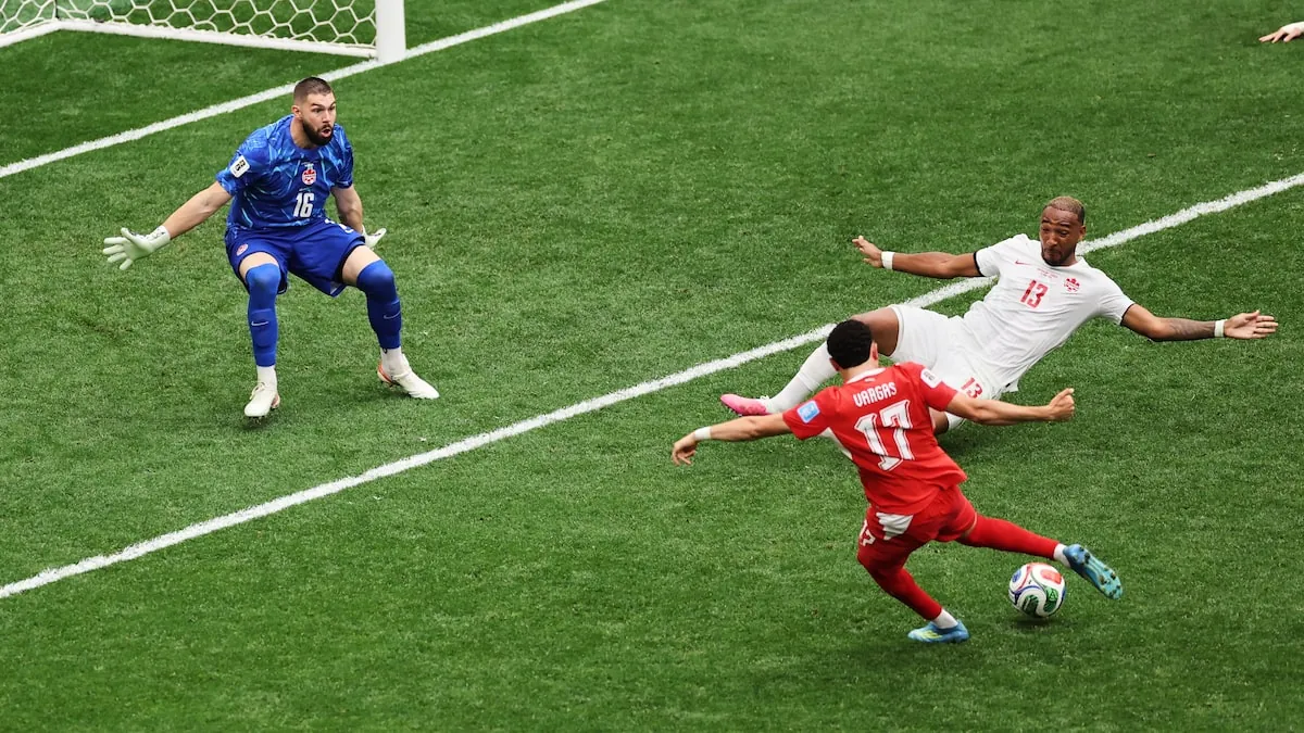 Switzerland's Rubén Vargas (17) took advantage of an open Canadian defence to score the match's first goal on Wednesday. The Swiss went on to a 2-1 win.Kaleb Tatum/The Associated Press