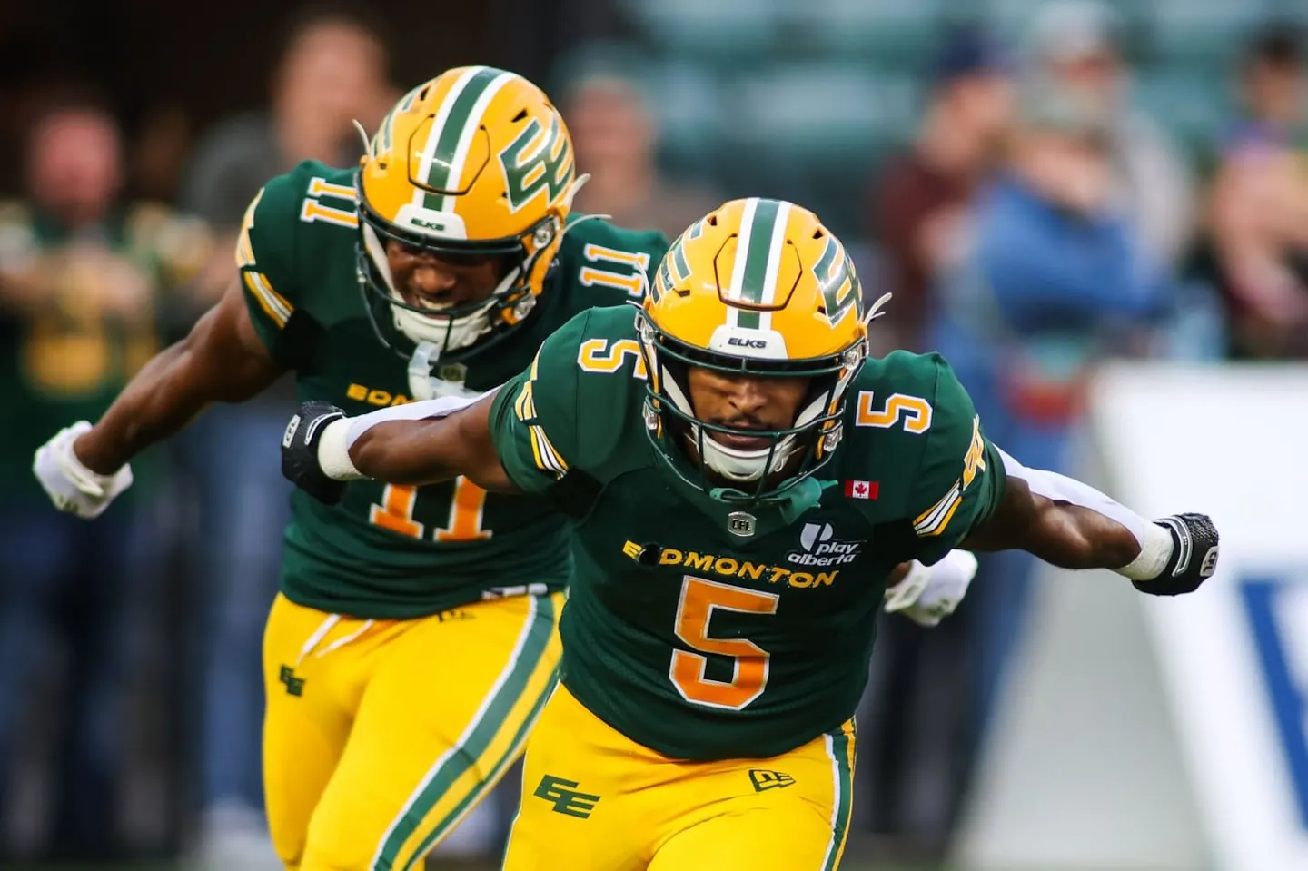 Edmonton Elks' Justin Rankin (5) and Kaion Julien-Grant (11) celebrate a touchdown against the Ottawa Redblacks during second half CFL football action in Edmonton on Thursday, July 9, 2026. THE CANADIAN PRESS/Codie McLachlanEdmonton Elks' Justin Rankin (5) and Kaion Julien-Grant (11)(Codie McLachlan)