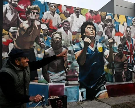 A mural in Buenos Aires depicts Diego Maradona during Argentina’s win over England at the 1986 World Cup