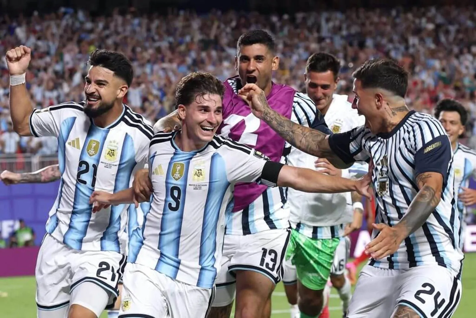 Julian Alvarez and his teammates celebrate Argentina's second goal