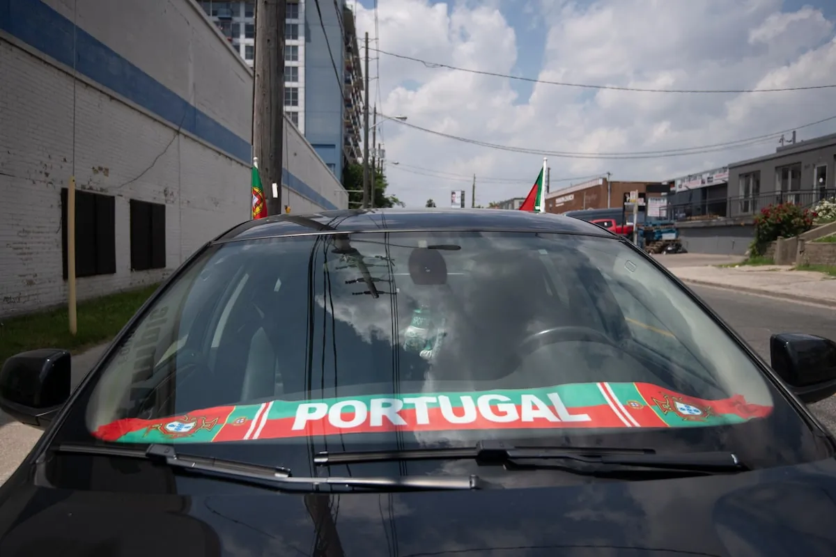 Portuguese banner in a car in Toronto’s west end where many Portuguese businesses are located, on Tuesday.Fred Lum/The Globe and Mail