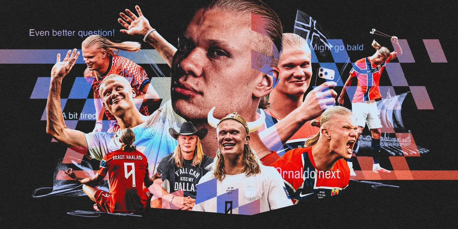 A designed image of Erling Haaland, showing him celebrating for Manchester City and Norway