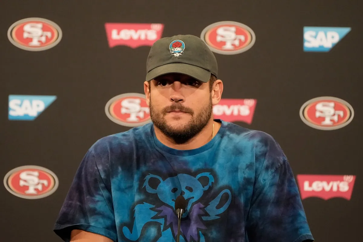 San Francisco 49ers defensive end Nick Bosa speaks at a news conference after a practice in May in Santa Clara, Calif.Jeff Chiu/The Associated Press