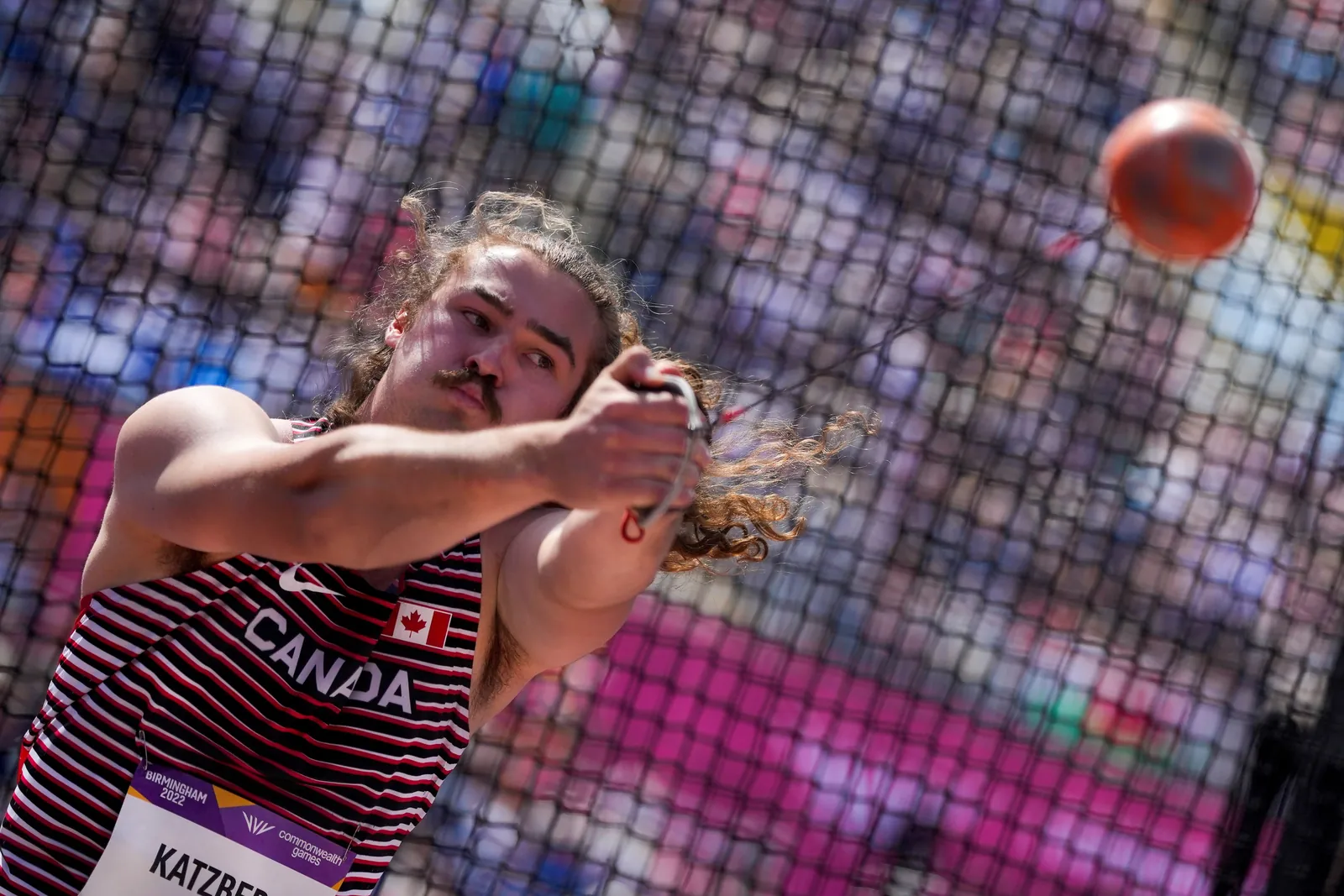 Ethan Katzberg of Canada competes in the men’s hammer throw final during the athletics in the Alexander Stadium at the Commonwealth Games in Birmingham, England, Saturday, Aug. 6, 2022. (AP Photo/Alastair Grant)