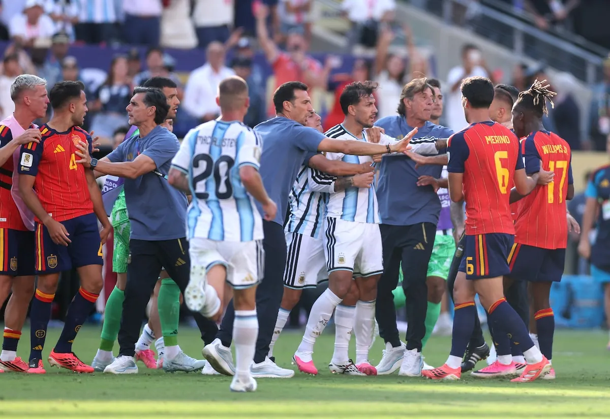 Players scuffle after the FIFA World Cup final between Spain and Argentina at New York New Jersey Stadium on Sunday in East Rutherford, N.J.Lars Baron/Getty Images